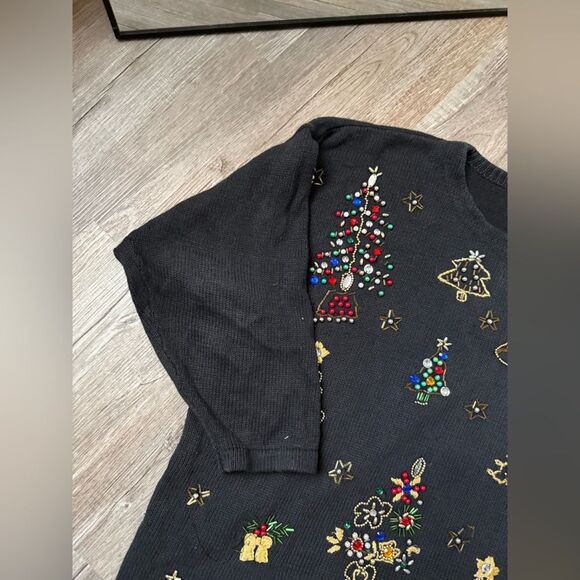 VTG VJ Woman Festive Christmas Sweater Black Colorful Embroidery Knit Size 2X - Picture 5 of 12